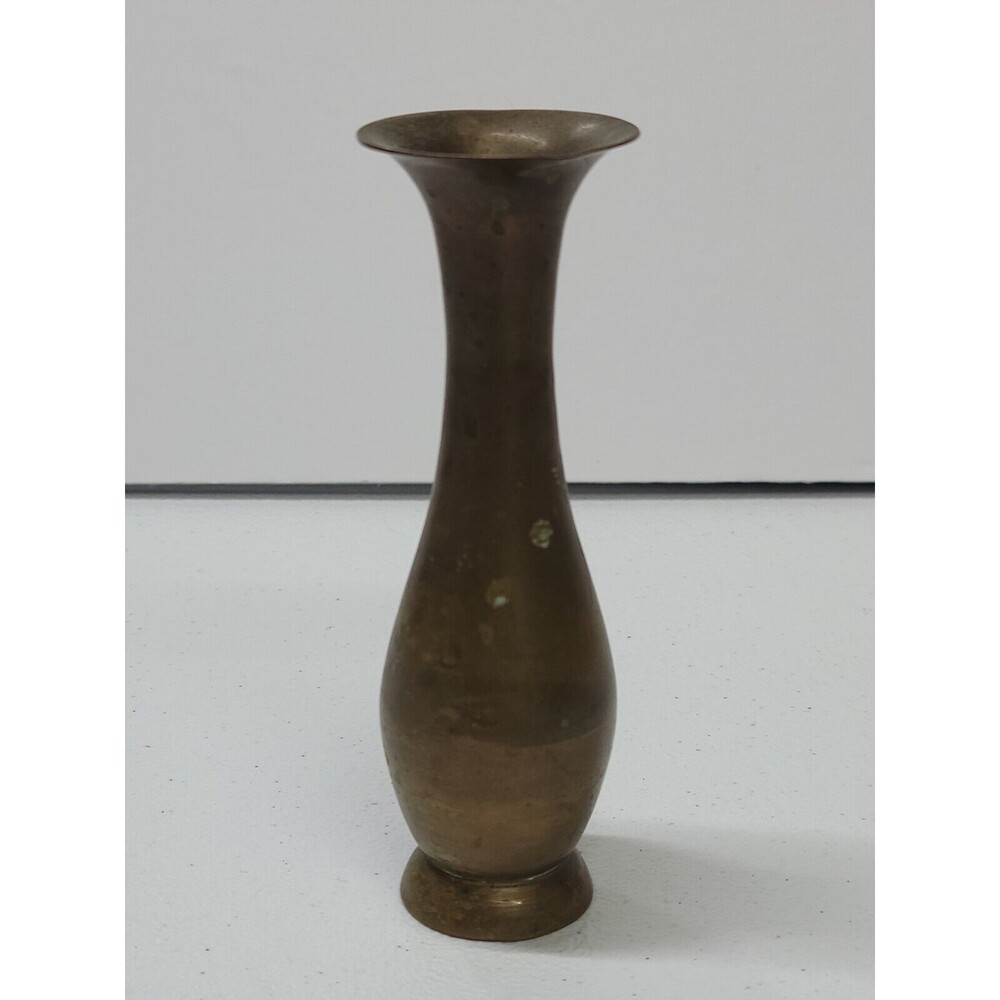 Vintage Solid Brass Vase Etched Leaves Abstract Mid Century India 5.75 in Tall